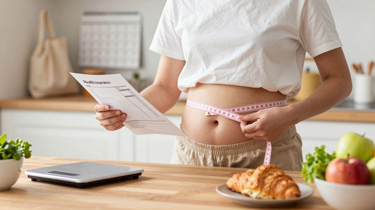 Persoon meet taille in keuken met meetlint en houdt een dieetplan vast, omringd door een schaal en gezond eten.