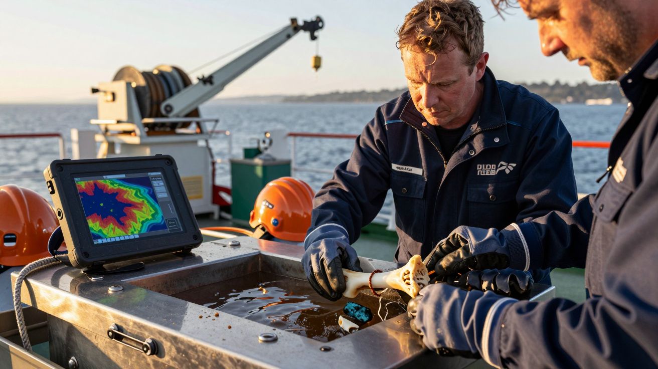 Twee mannen op een boot onderzoeken een object in een waterbak met een monitor die een kleurig gebied toont.
