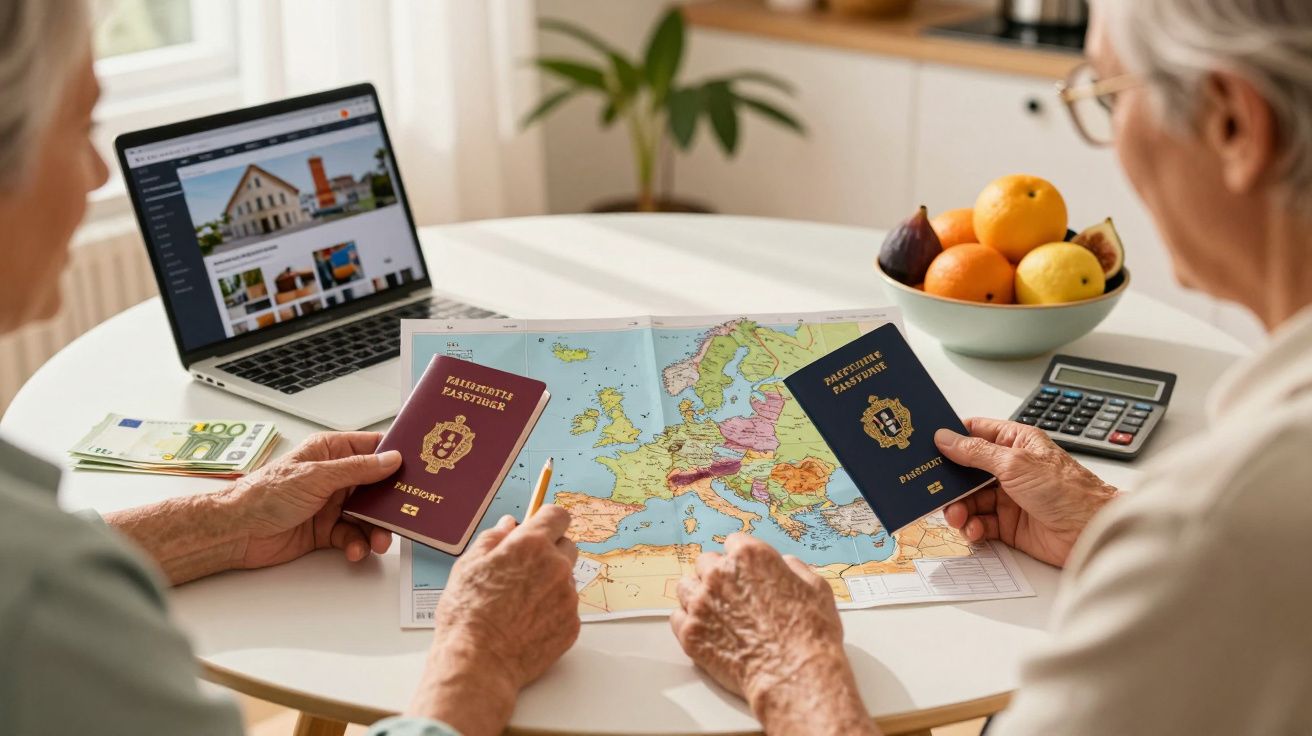 Twee mensen plannen een reis met een kaart van Europa en passen, laptop en fruit op tafel.