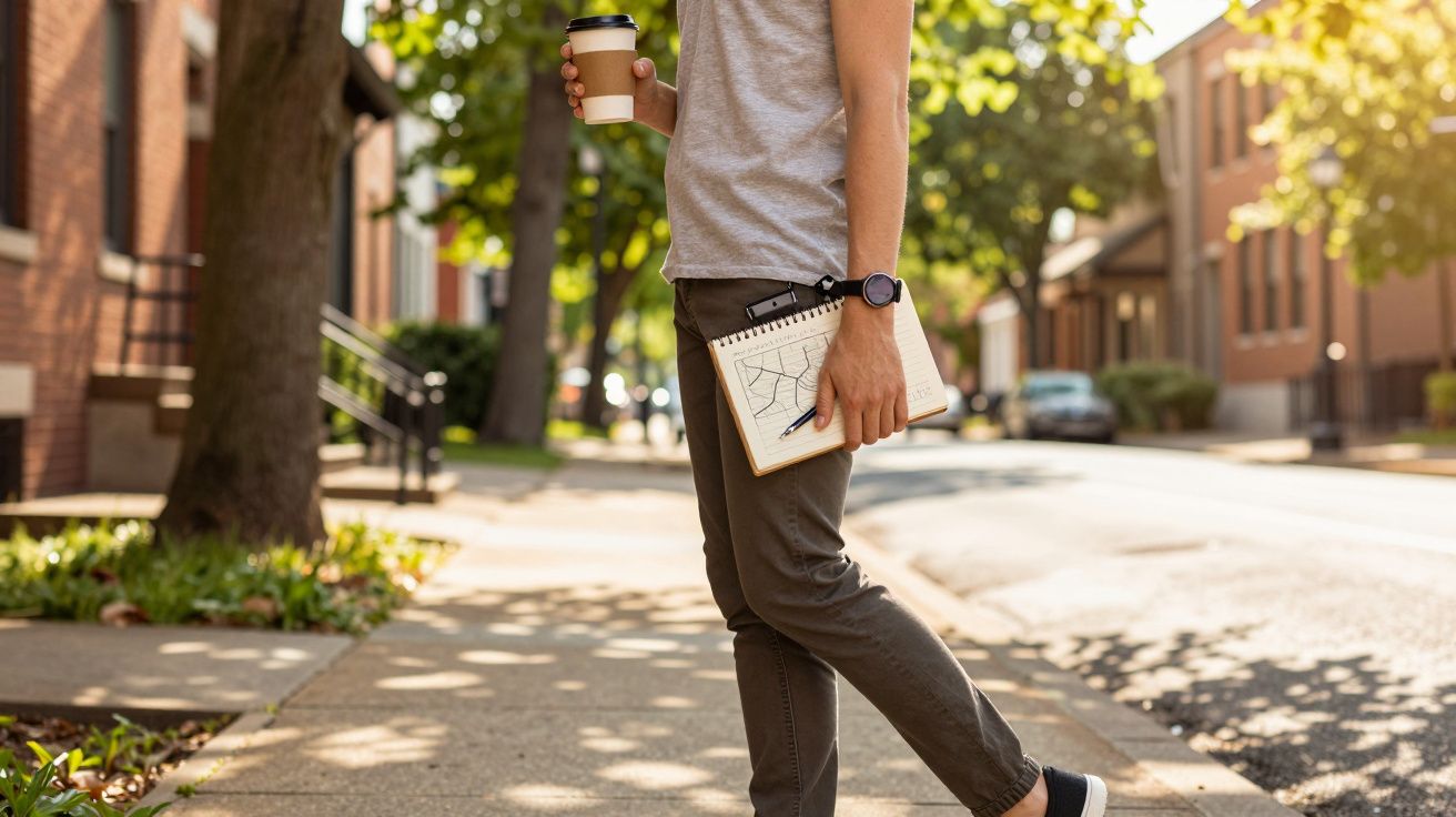 Persoon loopt buiten met koffie en schetsboek in de hand, stadsomgeving met bomen en gebouwen op achtergrond.