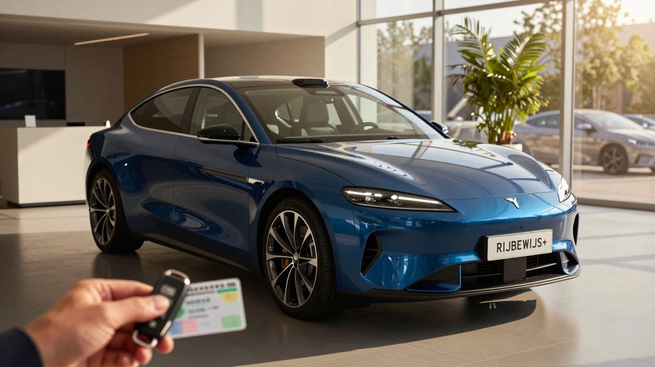 Blauwe elektrische auto in showroom met plant op achtergrond, focus op auto; iemand houdt autosleutel vast in voorgrond.