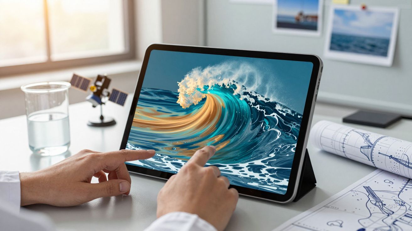 Persoon gebruikt tablet met afbeelding van grote golf, naast glas water en speelgoed-satelliet op een bureau.