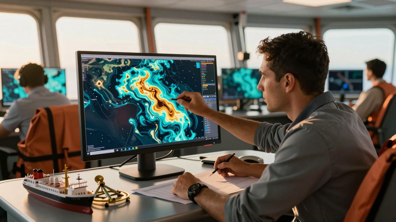 Man wijst naar kleurrijke gegevens op computerscherm in kantooromgeving.