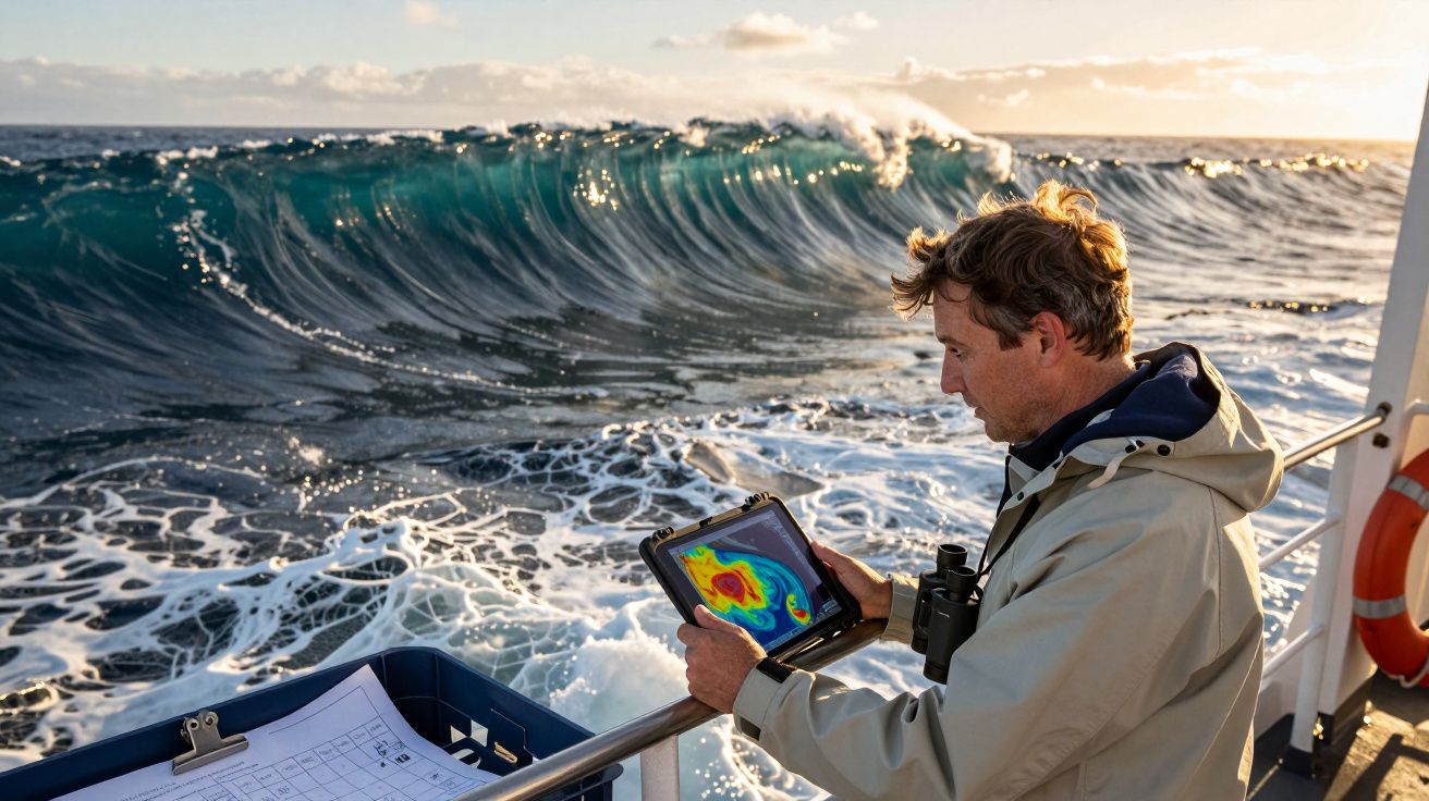 Man op boot bekijkt weergegevens op tablet bij hoge golven en helder zonlicht op zee.