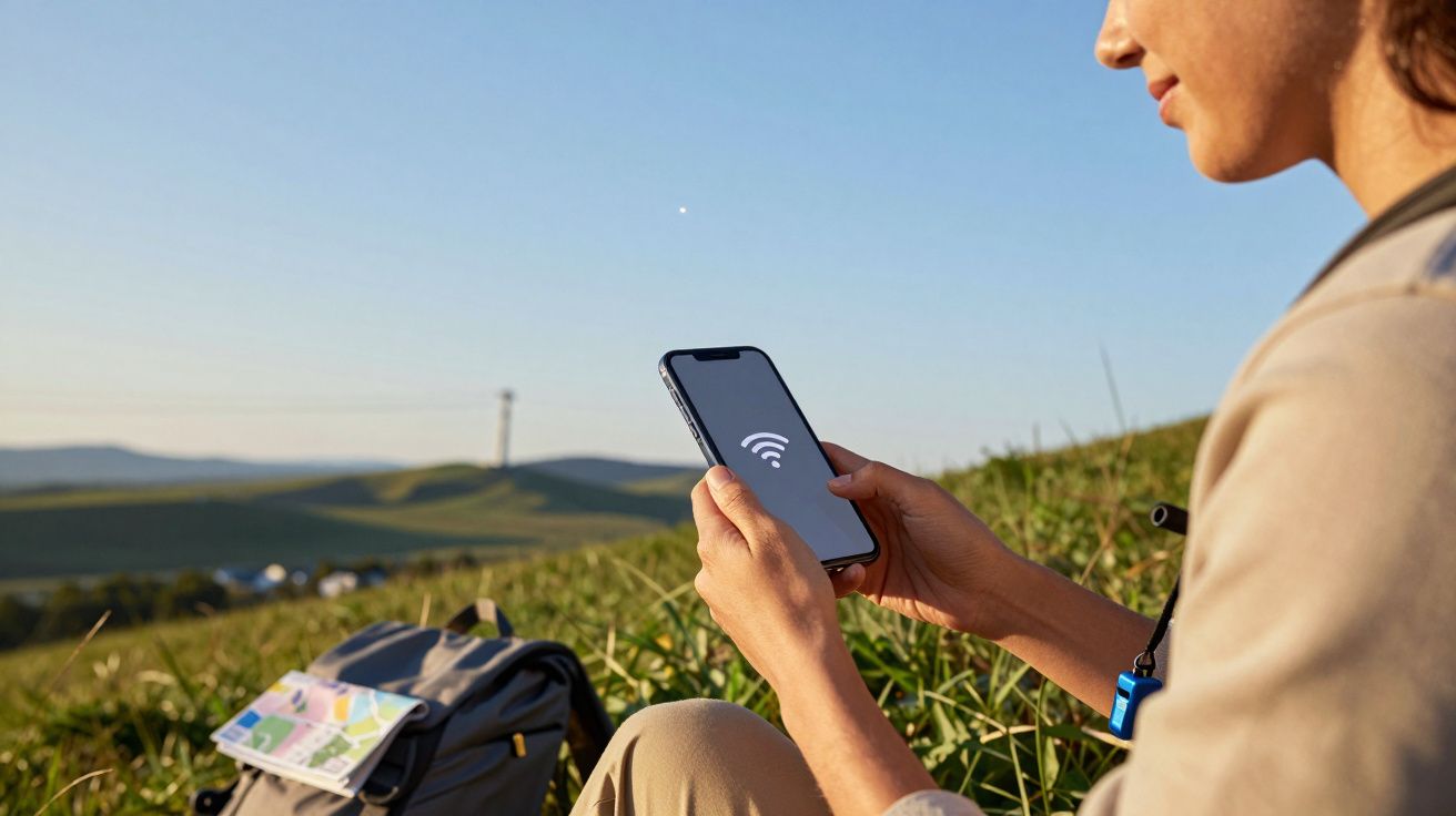 Persoon gebruikt smartphone met wifi-icoon op scherm in een grasveld, naast rugzak en kaart, met heuvels op de achtergrond.