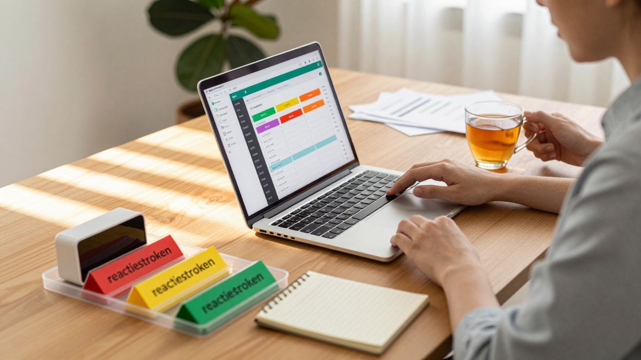 Persoon werkt op laptop aan bureau met notitieboek, theekopje en gekleurde reactieschermen.