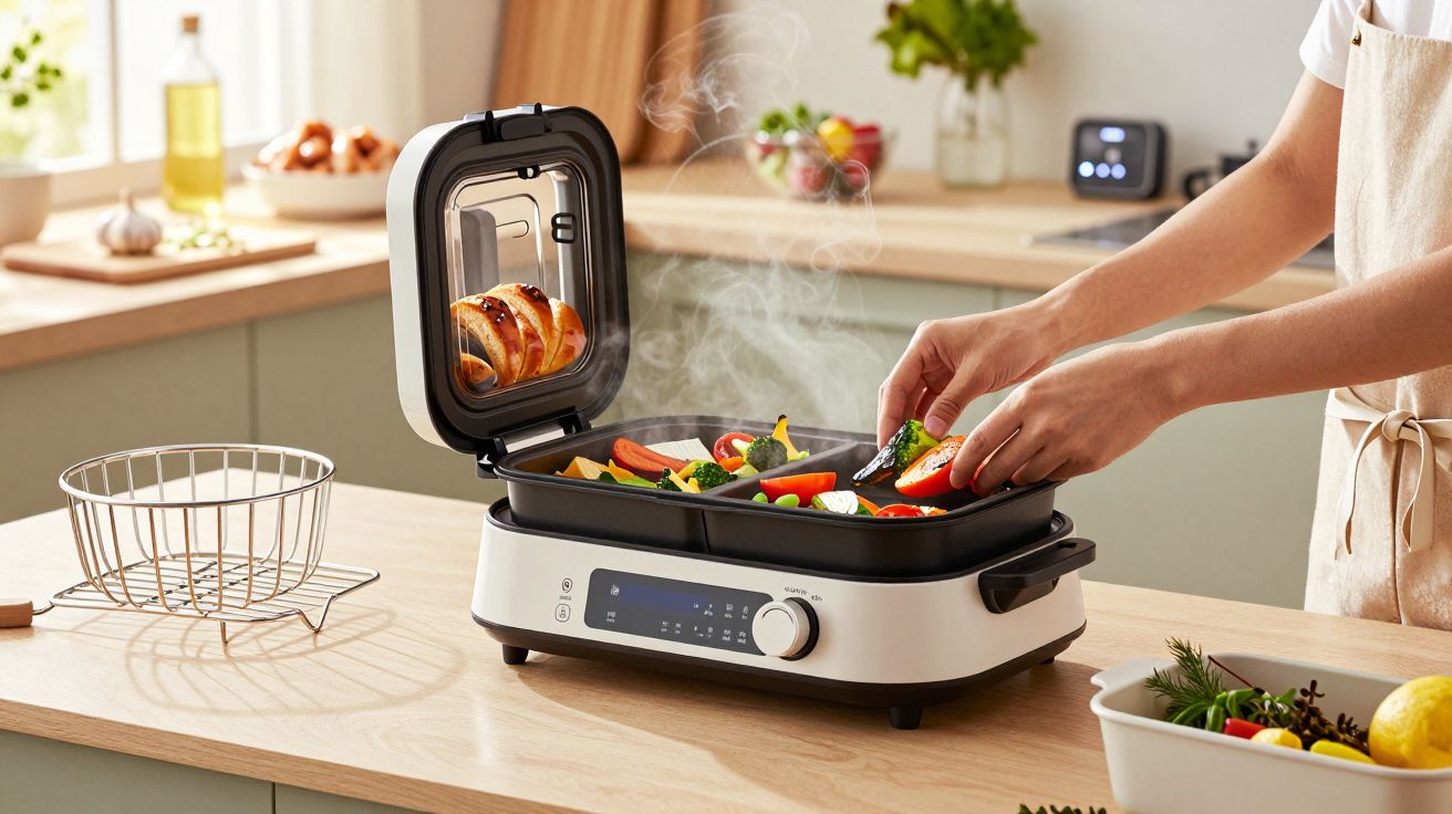 Persoon kookt groenten op het werkblad met een elektrische grill in de keuken, stoom komt uit het apparaat.