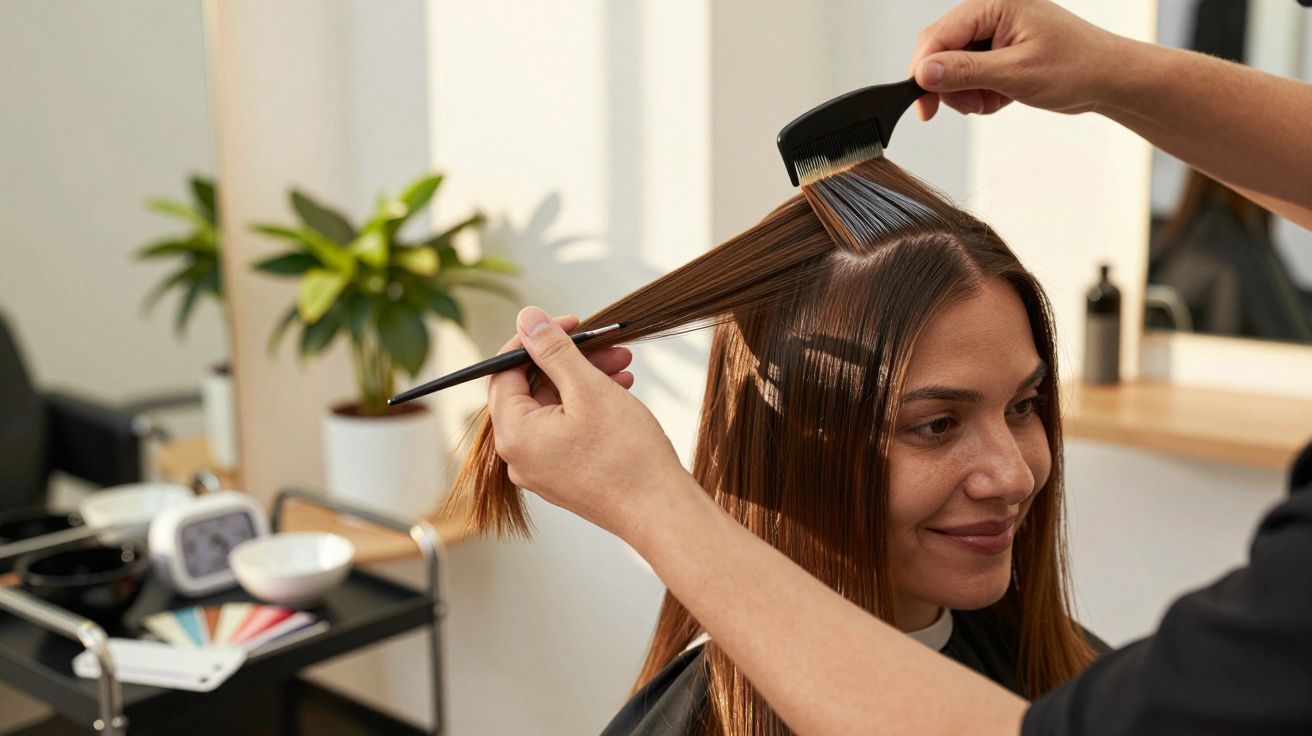 Kapper kleurt het haar van een vrouw met een verfkwast in een salon.