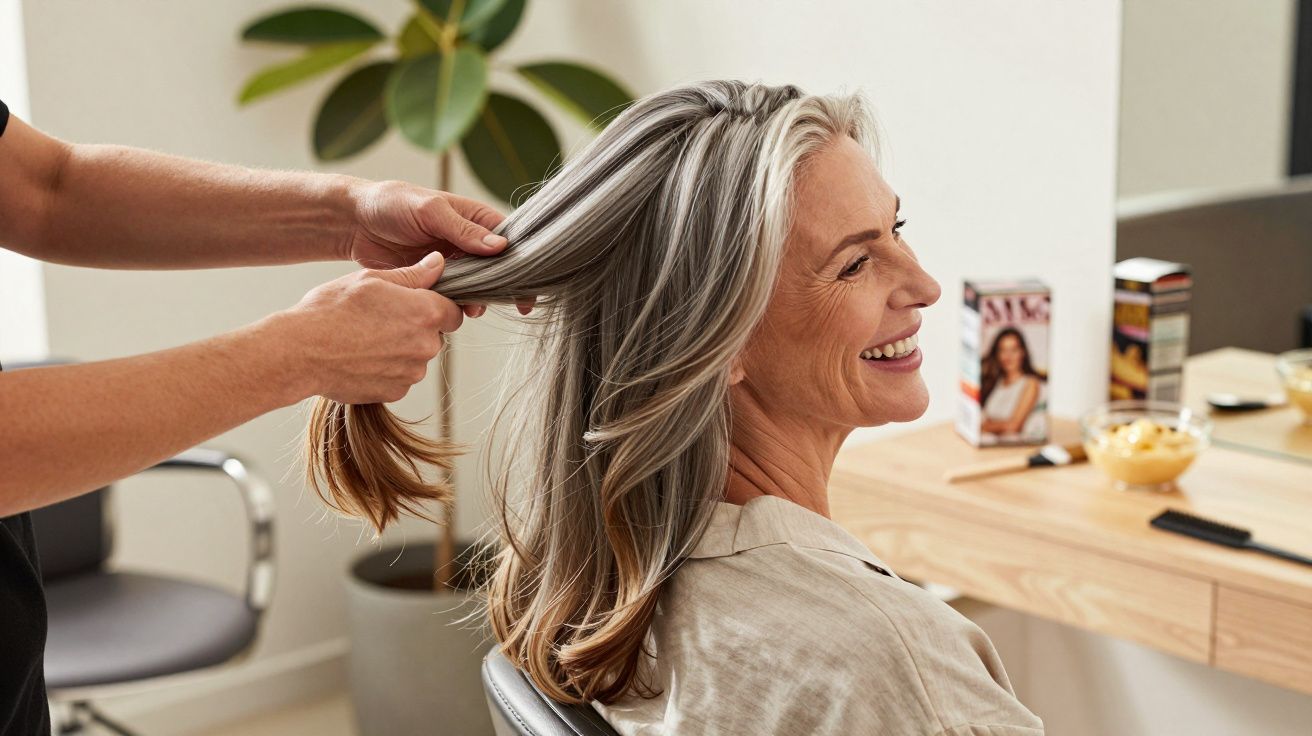 Grijnzende vrouw met grijs haar in kapsalon, stylist houdt haar vast, met plant en producten op de achtergrond.