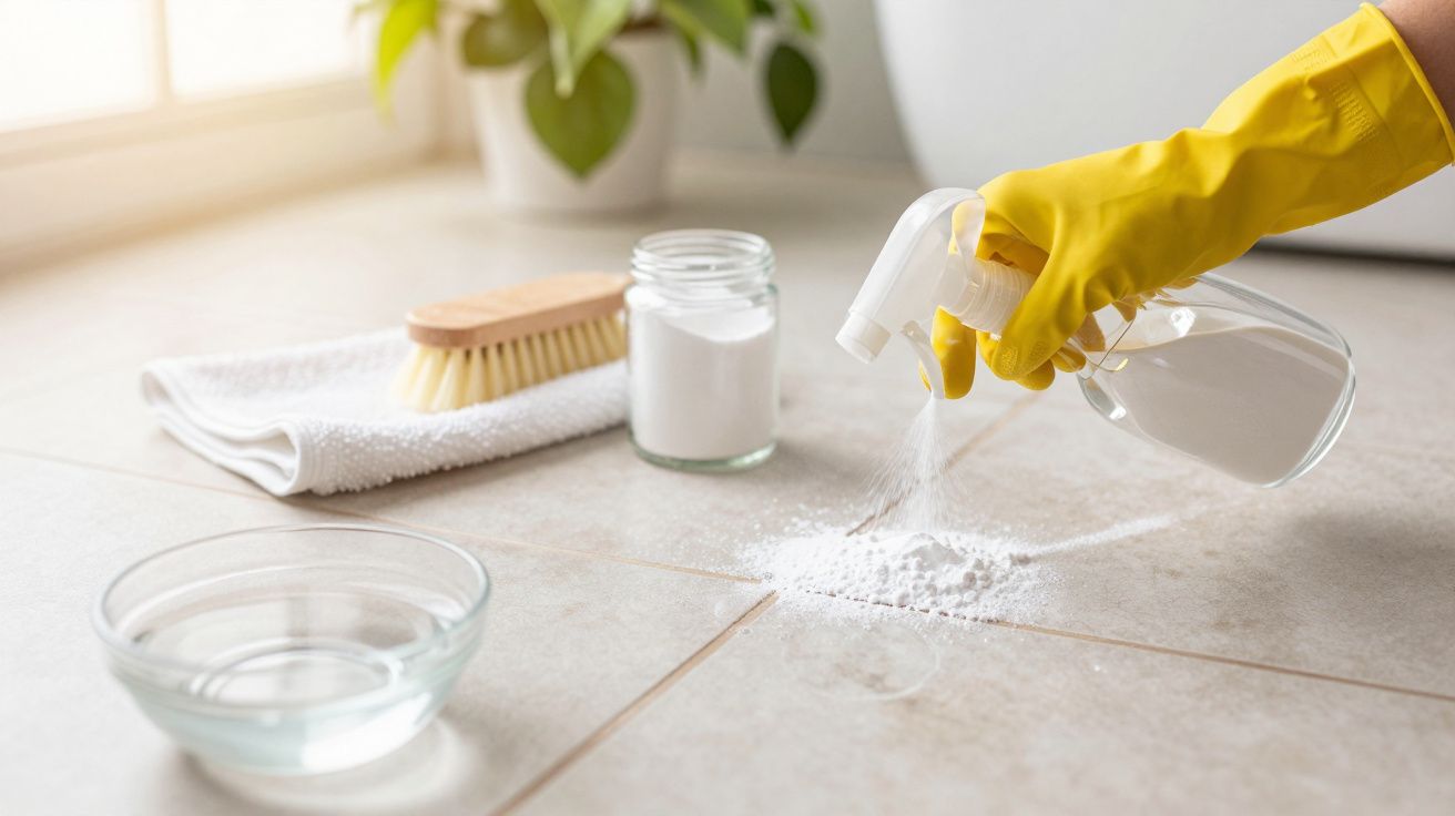 Gele handschoen spuit schoonmaakmiddel op wit poeder, met borstel, handdoek en plant op achtergrond.