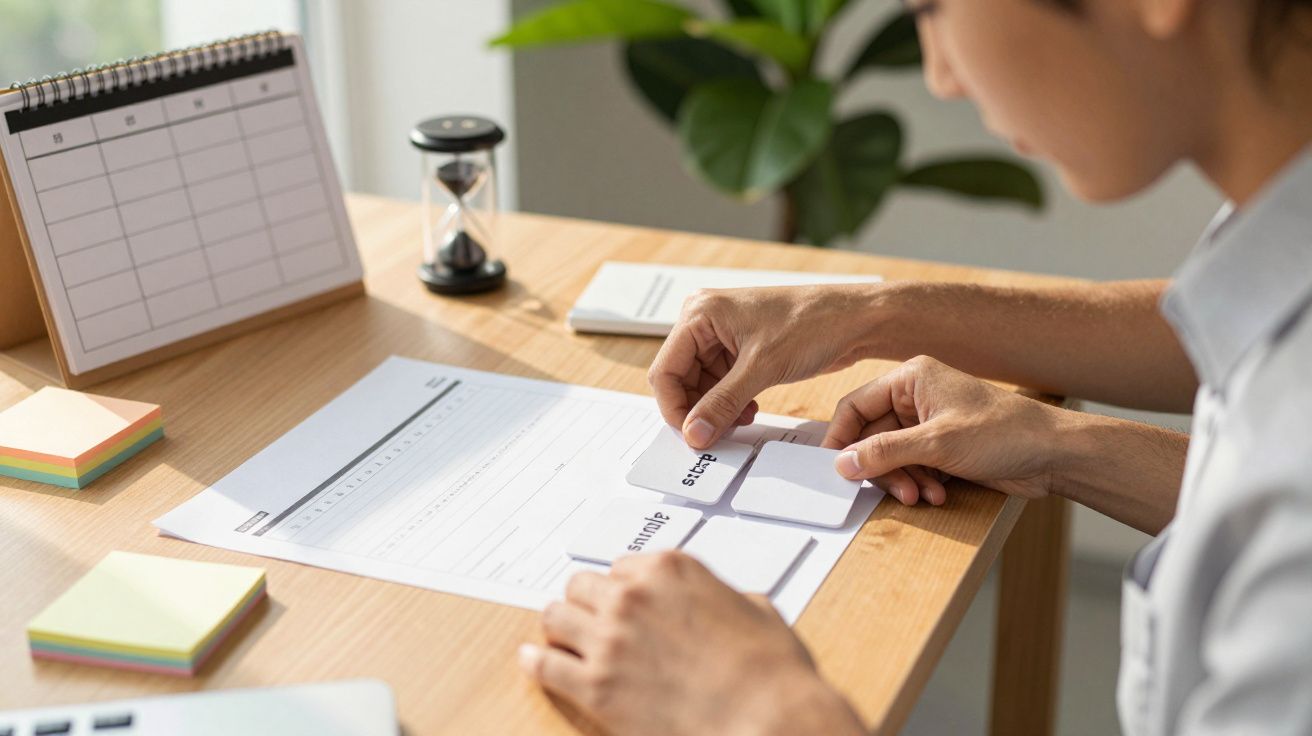 Persoon organiseert papieren op een bureau met een kalender, zandloper, notities, en een plant als achtergrond.
