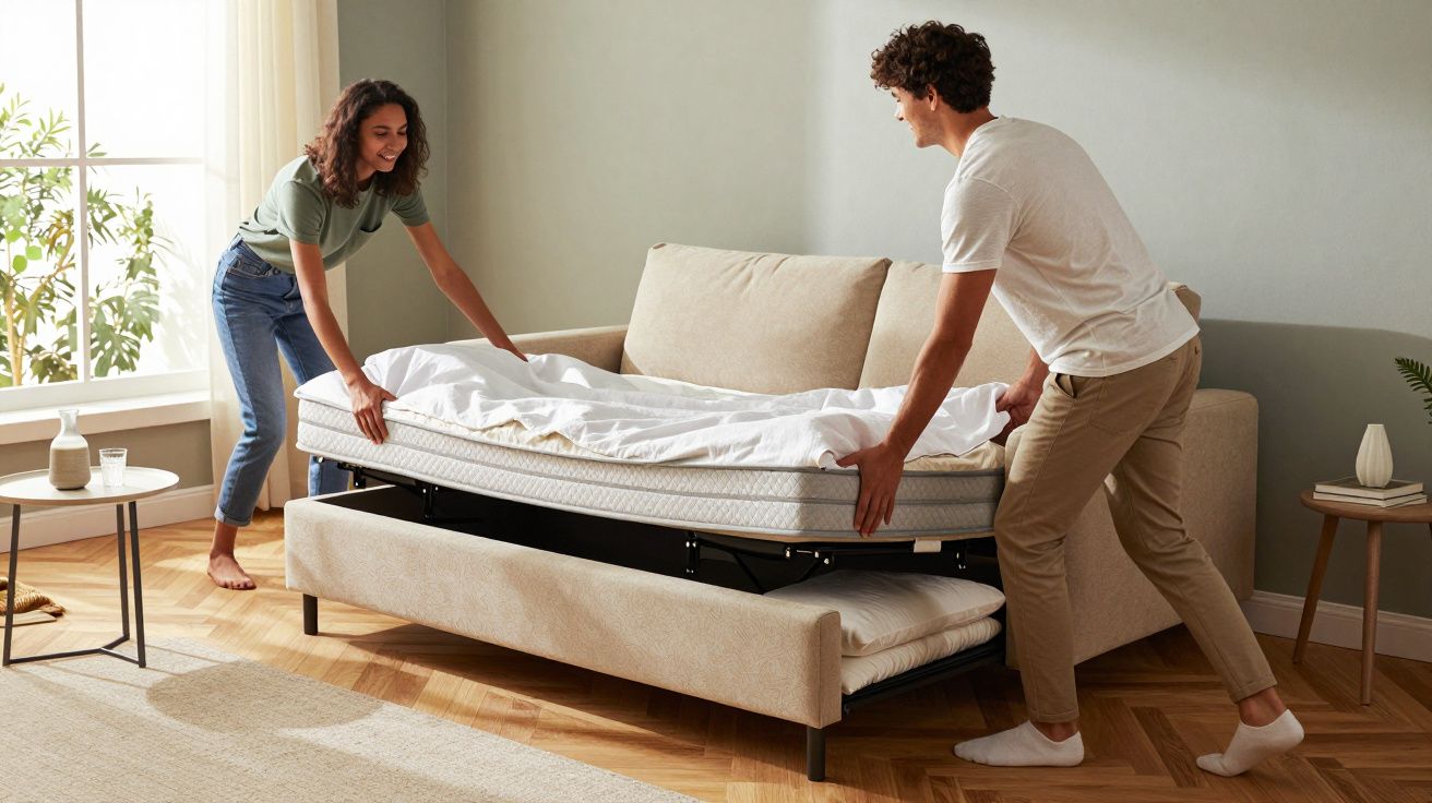 Twee personen maken een slaapbank op in een lichte kamer met houten vloer en klein tafeltje.