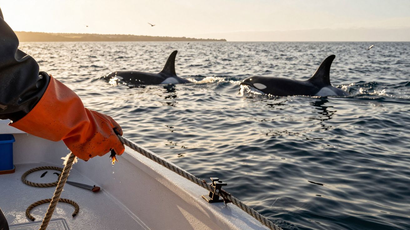 Een persoon met oranje handschoenen houdt een touw vast op een boot, terwijl twee orka's naast de boot zwemmen.