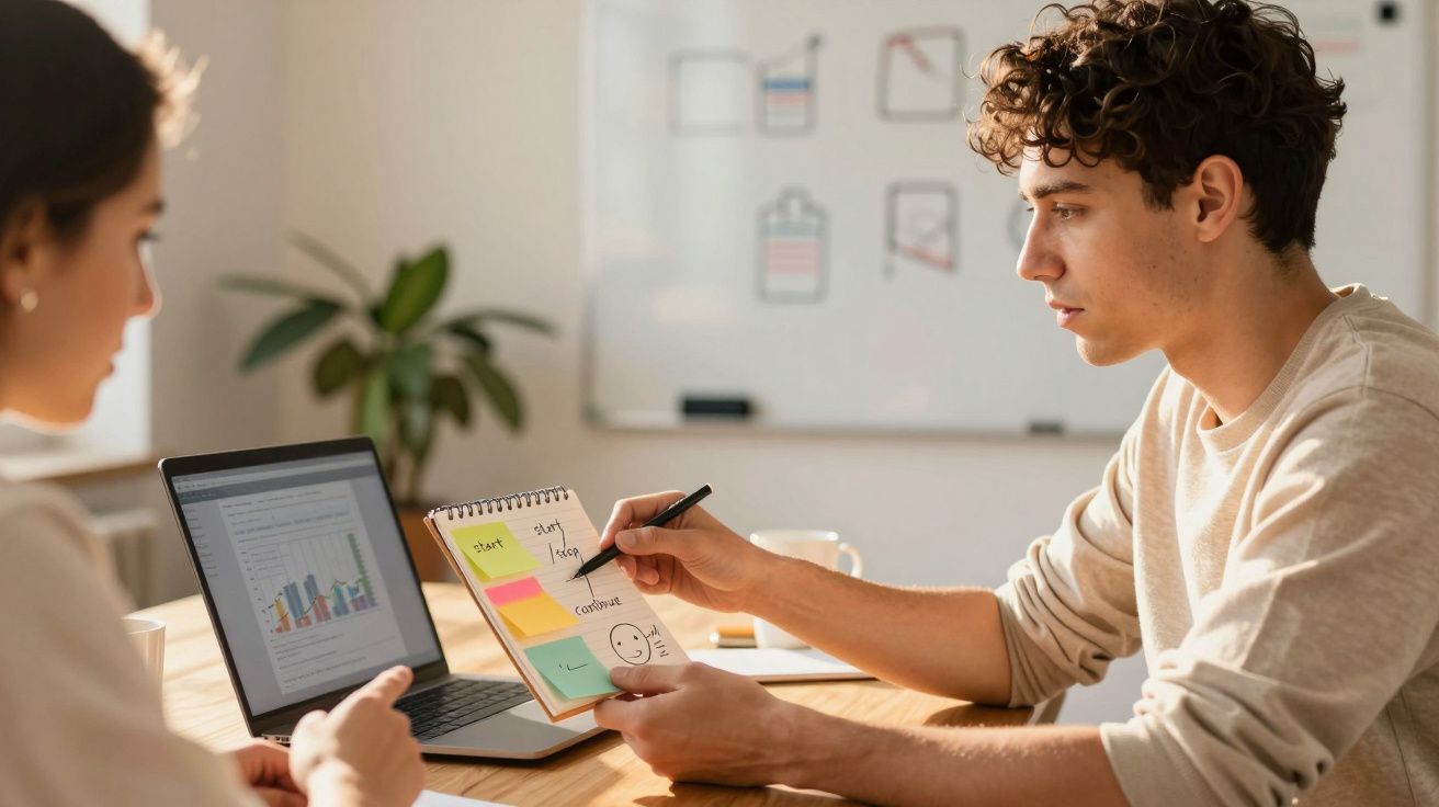 Twee personen werken samen aan een project; man toont notities, vrouw kijkt naar een laptop met grafieken.