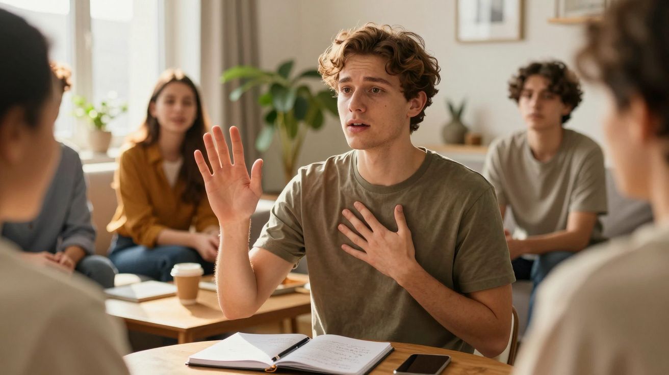 Jongeman in groene trui spreekt gepassioneerd tijdens groepsbijeenkomst, met open notitieboek op tafel.