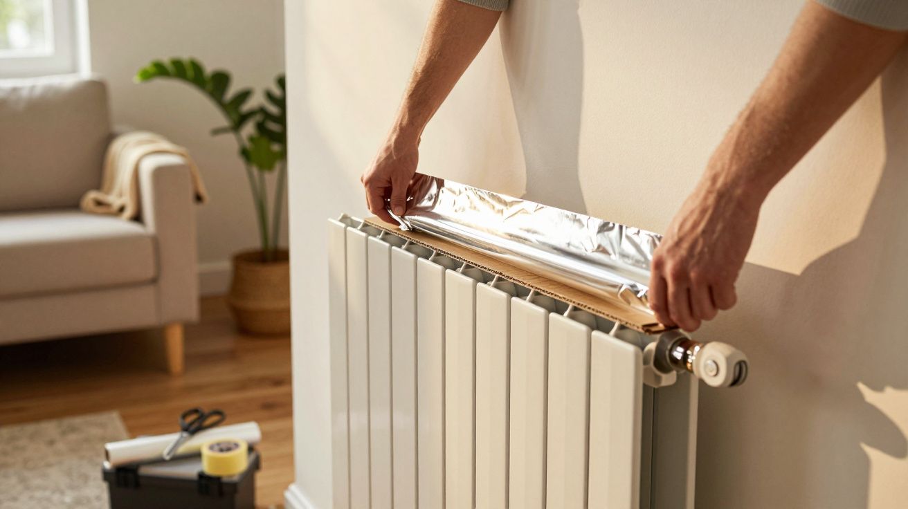 Persoon plaatst isolatie folie achter een metalen radiator in een huiskamer met plant, gereedschapskist en fauteuil.