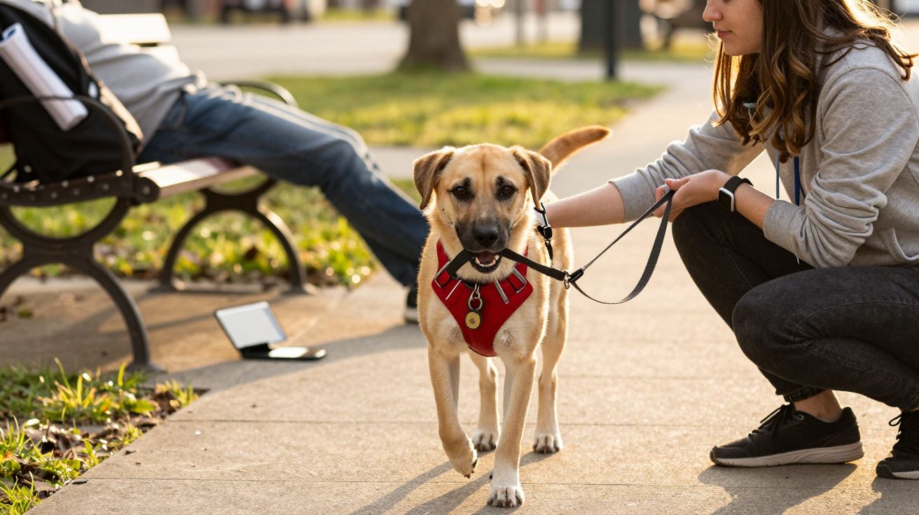 Vrouw met hond aan de lijn op het trottoir, terwijl een man op een bank in het park zit.