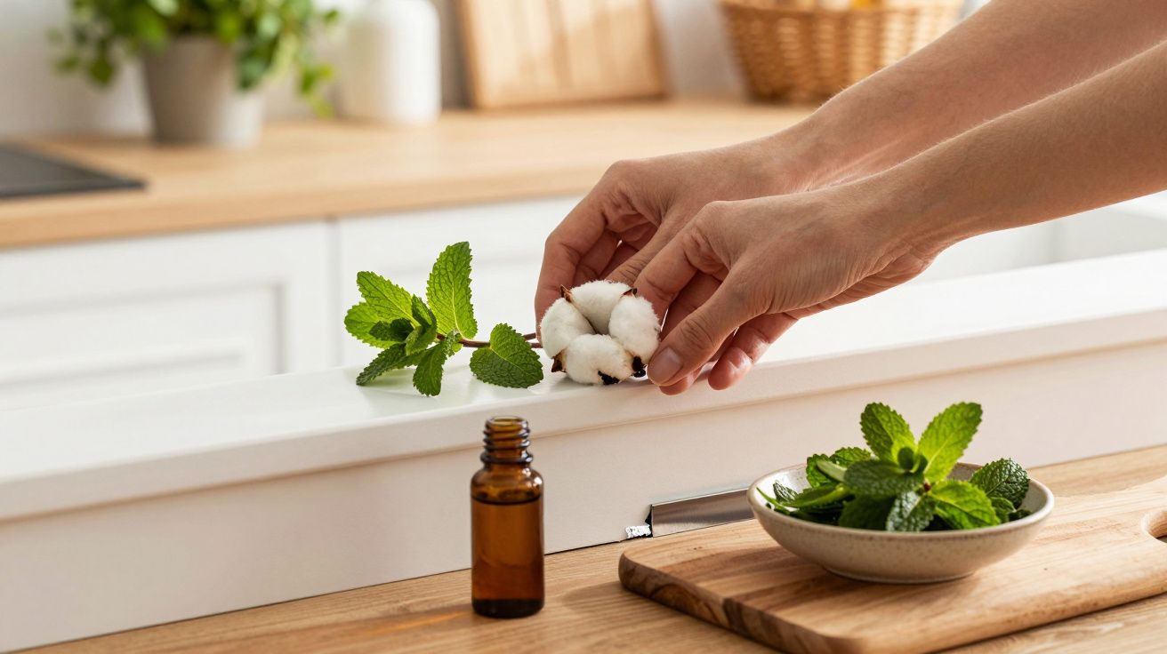 Een hand plaatst katoen en muntblaadjes naast een schaal met munt en een flesje etherische olie in een keuken.